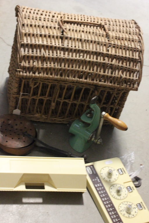 Wciker Cat Basket with Copper with Vintage Mincer, Weights Convertor, Copper Roaster