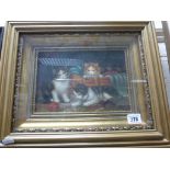 Gilt framed oil painting study of playful kittens