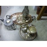 Box of Mixed Metalware including a Brass Table Lamp and Silver Plate