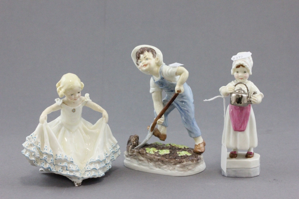 Three Royal Worcester Figurines - Polly put the kettle on 3303, Masquerade Girl 3360 and Saturdays