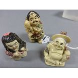 Three netsuke carvings including Buddha, lady and man with offering