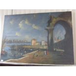 Large Oil on Canvas of Continental Harbour Scene