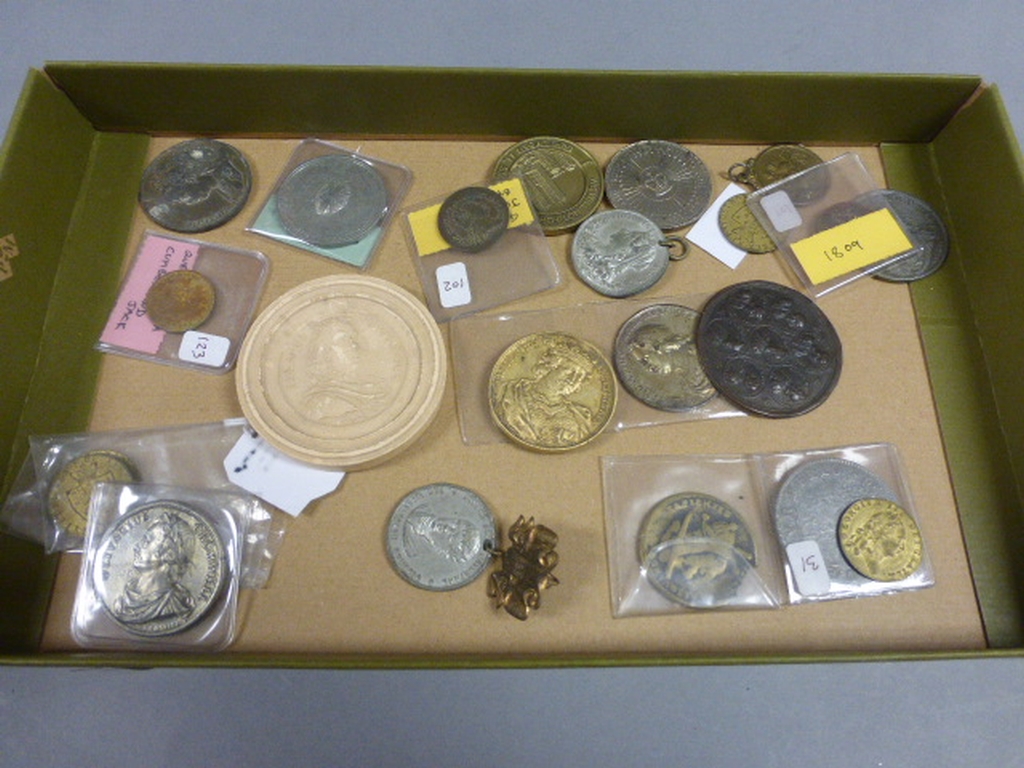 tray of Mixed Tokens and Medallions including 1820 of Oliver Cromwell and Early 1800's Plaster Medal