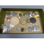 tray of Mixed Tokens and Medallions including 1820 of Oliver Cromwell and Early 1800's Plaster Medal