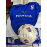 Football Autographs - Ipswich Town football signed by approx 17 + replica ITFC shirt & collectables