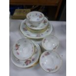 Royal Crown Derby Floral Decorated Teaware including Six Cups, Six Saucers, Sugar Bowl, Six Tea