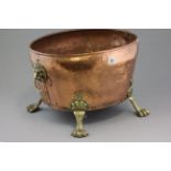 Copper Log Basket with Brass Lion Mask Ring Handles and Paw Feet