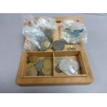 Wooden Box carved with Taj Mahal containing Mixed UK Coins including Box made from Two Georgian