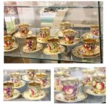 Royal Worcester Hand Painted Nine Coffee Cups, Saucers and Two Tea Plates, each decorated with