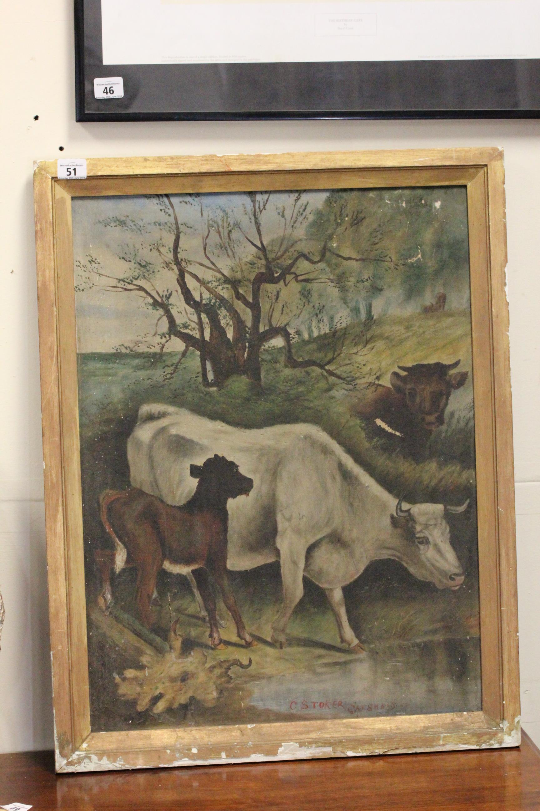 Naive Oil on Canvas, Cattle by a Stream, signed C Stoker, Gatshead