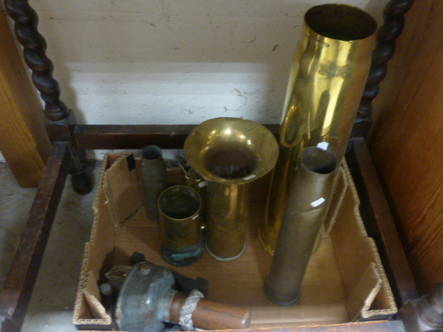 Group of Six Brass Trench Art Shell Vases and a Military Compass