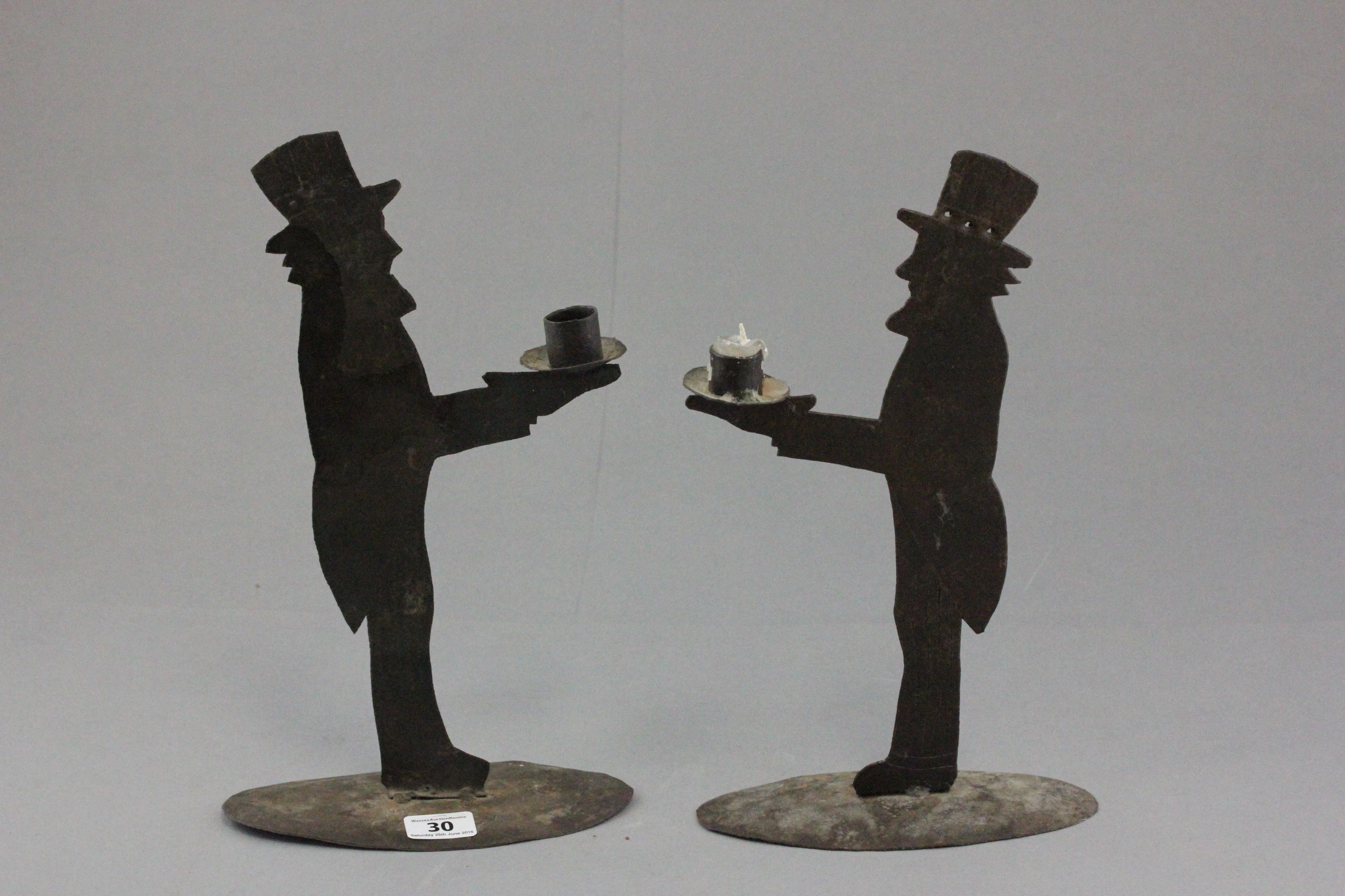 Pair of American Folk Art Metal Candleholders in the form of Abraham Lincoln