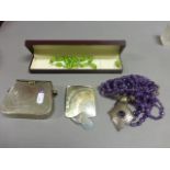 Amethyst and Silver Necklace plus White Metal Purse, Glass Sweet Necklace and Earrings in Box