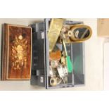 Box of assorted collectables, silver plate, metalware, jewellery box etc