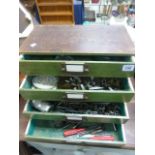 Pine four drawer tool chest and engineering tools