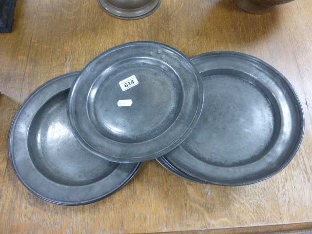 Nine Antique Pewter Plates / Dishes, mostly with impressed touchmarks