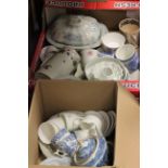 Two Boxes of Mixed 19th and Early 20th century Blue and White Ceramics, Jelly Mould, Cider Mug, etc