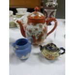 Miniature satsuma teapot, a similar Wedgwood Jasperware jug and an antique Katani teapot decorated