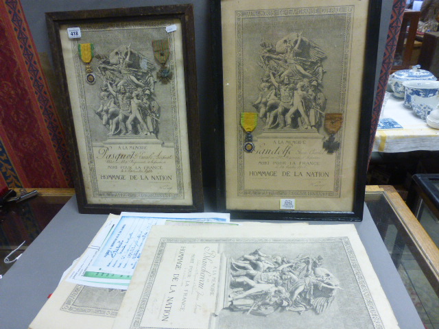 Four World War French Death Certificates including Two Framed and Glazed with Medals