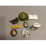 Ceramic Trinket Box, Jet Pendants with Ceramic Painted Portraits, Mauchlin ware Bobbin, etc