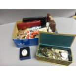 Box of assorted vintage cstume jewellery, watch parts, leather cased manicure set etc