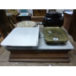 Early 20th century Set of Oak Shop Scales with Marble Top and Ceramic and Brass Trays