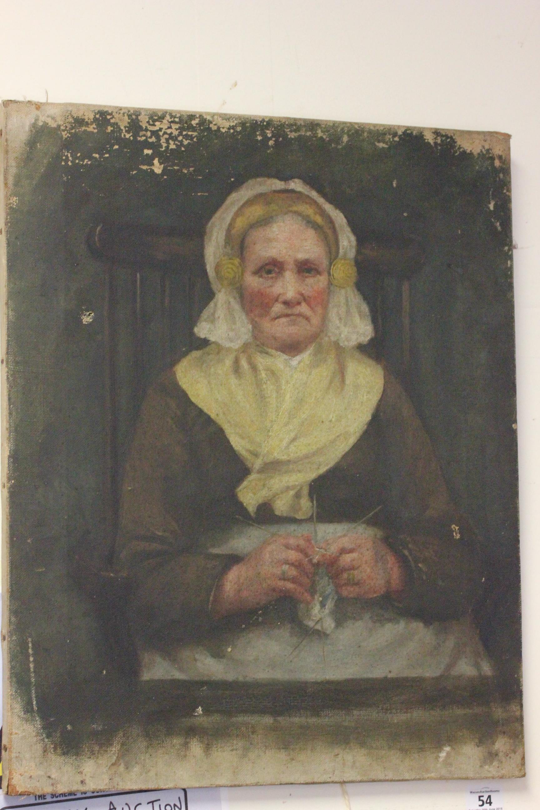 Oil on canvas of an old women knitting