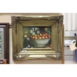 Gilt Framed Oil on Board of Still Life Fruit & Flowers