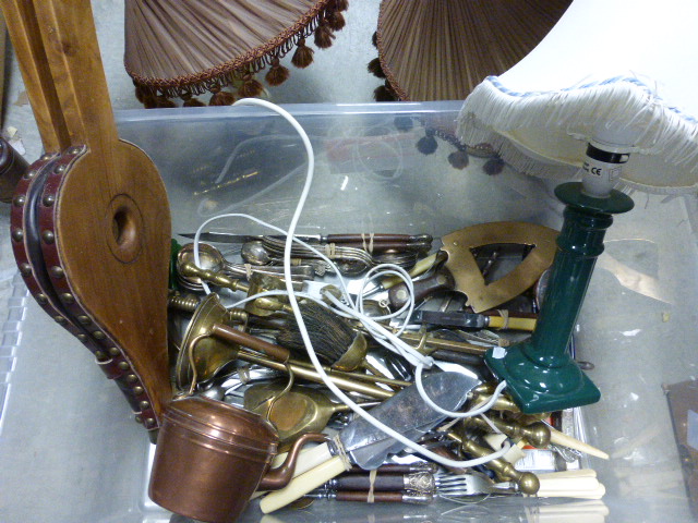 A box of various silver plated flatware together with lamps, copperware etc