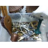 A box of various silver plated flatware together with lamps, copperware etc