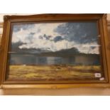 English school; An impressionist oil painting landscape dappled light over a loch; in a gilt frame