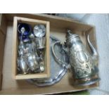 A box of miscellaneous silver plated items; to include coffee pot, salver, cruet sets and spoons