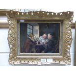 J. Micotta (Dutch) late 19th C early 20th C oil on board "Exchanging Views" signed top left and