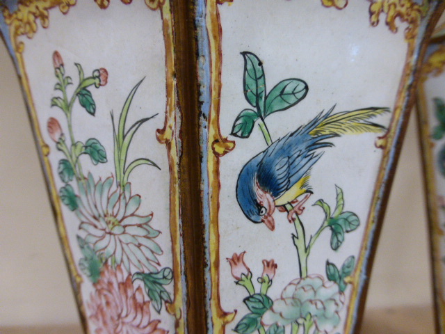 A pair of Chinese Canton enamel hexagonal vases, decorated with panels of birds and flowers, 23cm - Image 7 of 8