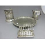 A group of silver plate to include with bottle holder; coffee pot and salver