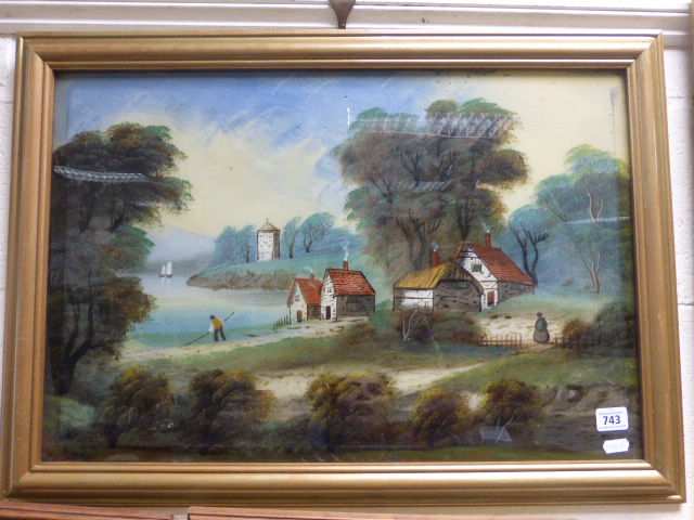 19th century; oil on glass; a tranquil river scene with cottages and farm folk