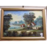 19th century; oil on glass; a tranquil river scene with cottages and farm folk