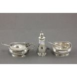 Early 20th century Elkington Plate Three Piece Cruet Set with Mustard & Salt Spoon