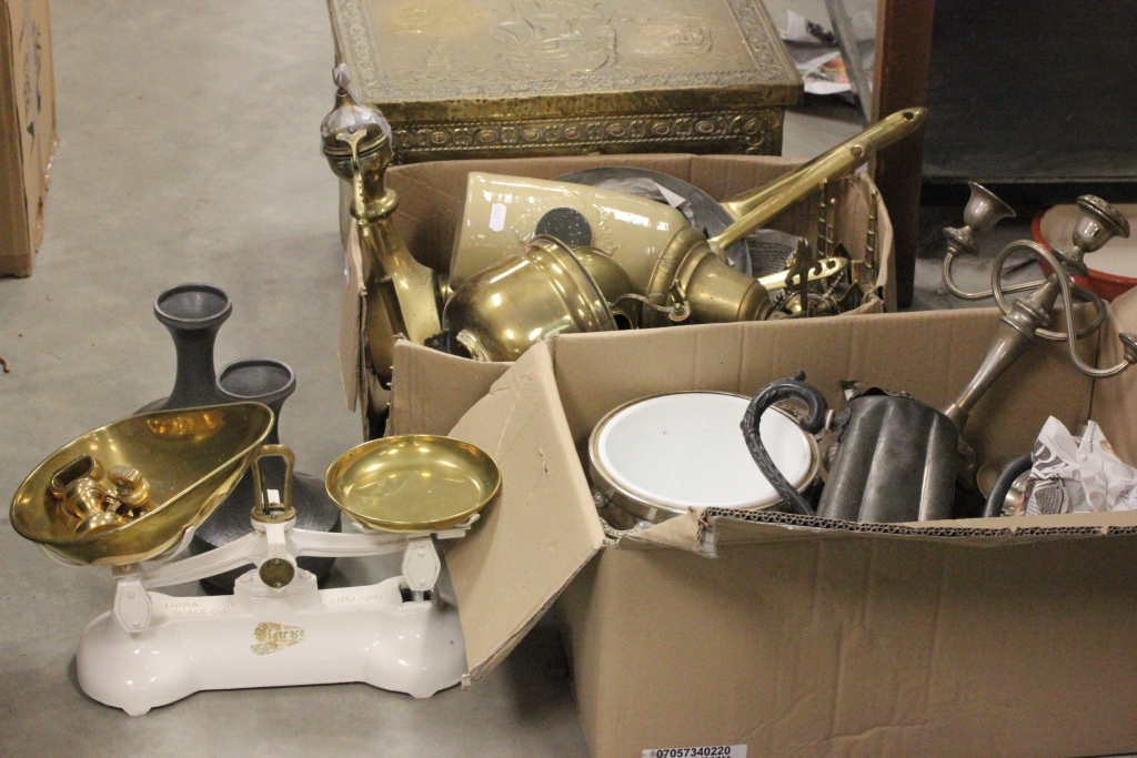 Four boxes of various collectables to include; silver plate, pewter vases and a set of kitchen