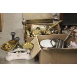 Four boxes of various collectables to include; silver plate, pewter vases and a set of kitchen