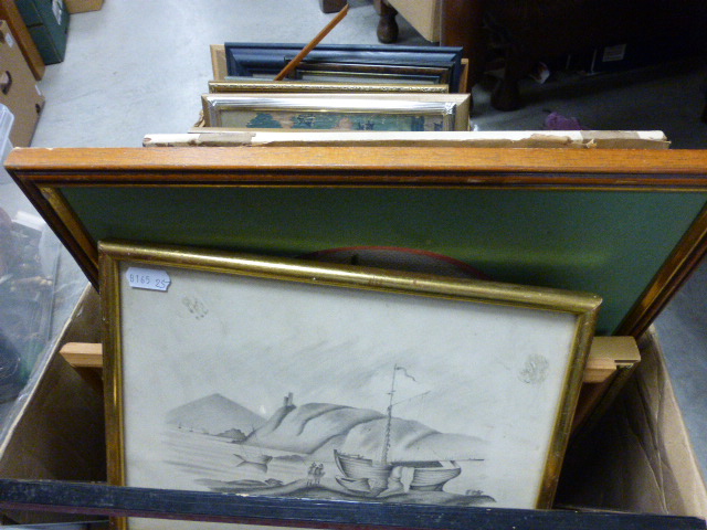 A large selection of framed pictures and frames; to include an oil on glass miniature 19th century