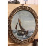 Ornate Circular Gilt Framed Oil on Panel of a Sailing Boat on rough seas. signed Charles Brison?