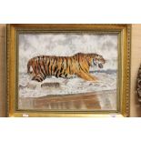 Oil on Canvas Tiger in a Surf. Pip McGowan signed and dated 1996