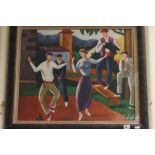 A framed oil painting of regional Basque figures folk dancing