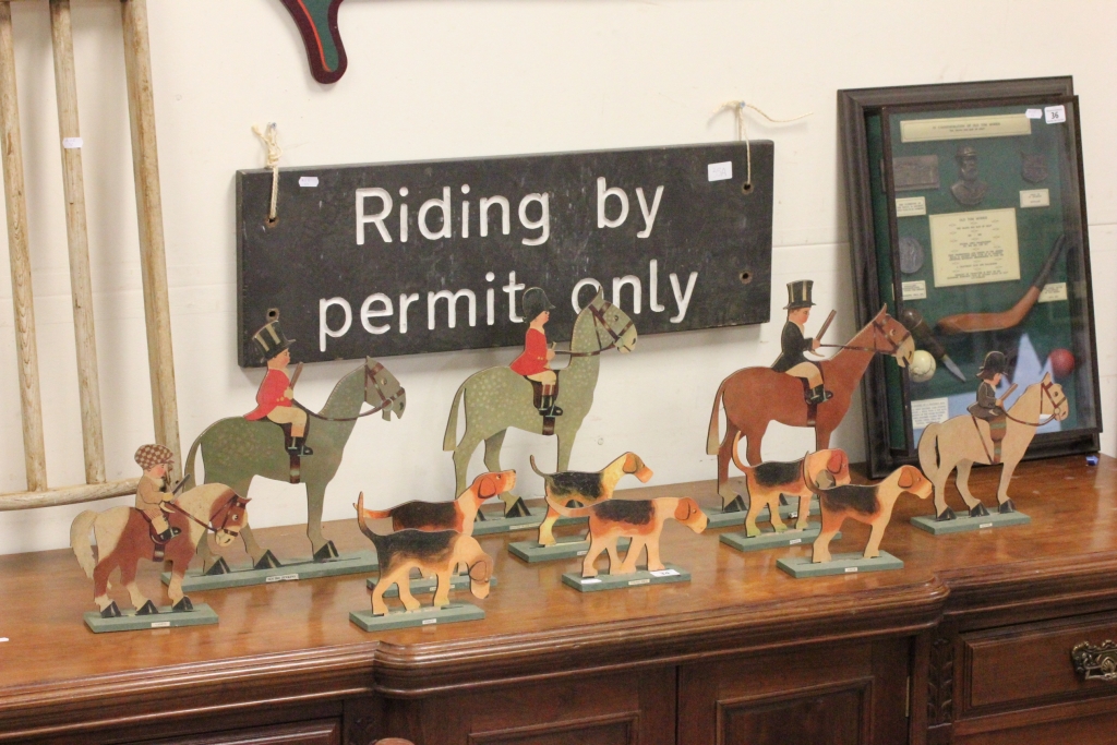 Vintage Wooden Freestanding Cut-Out Hunting Set comprising Five Mounted on Horseback Figures and Six