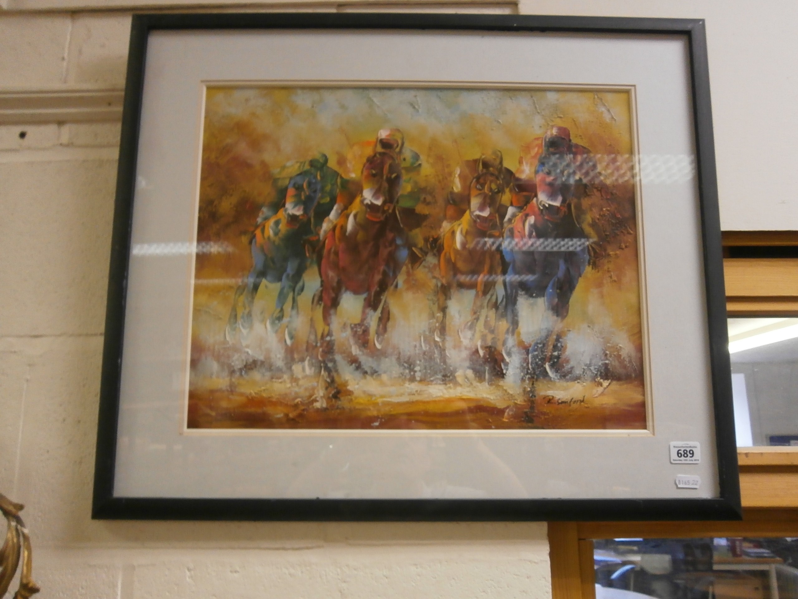 An impressionist horse painting of various jockeys