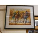 An impressionist horse painting of various jockeys