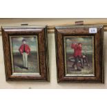 Pair of contemporary oil on board paintings, golfers in traditional costume