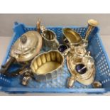 A box of silver plated items to include; part tea sets, cruet sets etc