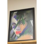 A studio framed mixed media portrait of a masked lady